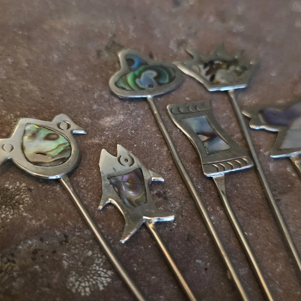 Vintage Alpaca Silver Abalone Inlay Cocktail Forks Set Mexican Cactus Bird Fish